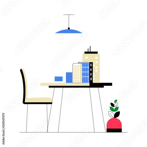 Office Workspace With Model Buildings In Flat Vector Illustration Symbolizing Architectural Planning, Creativity, And Design, Isolated On White Background.