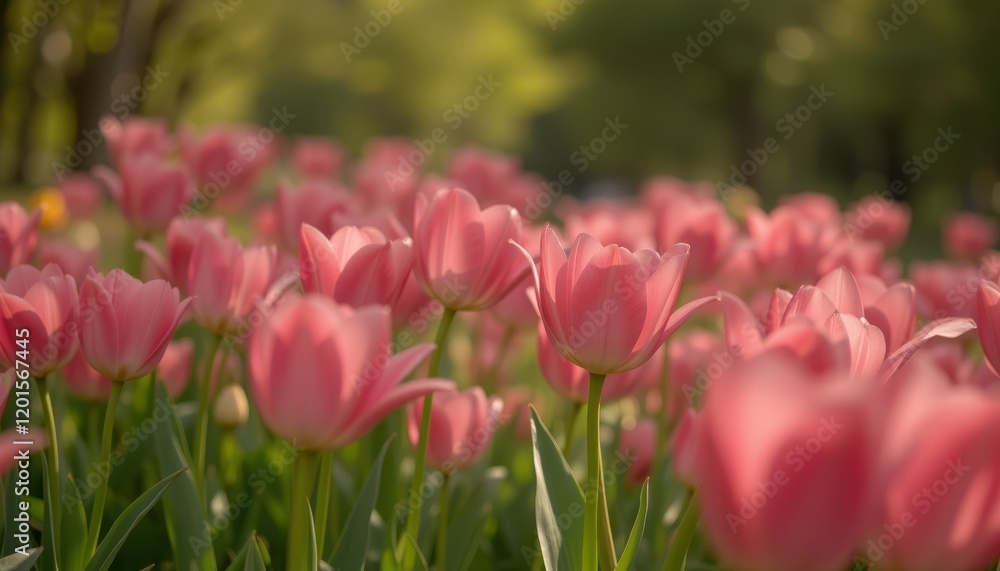 Pink tulips blooming under sunlight in a spring garden. Pink tulips blooming under sunlight in a spring garden.