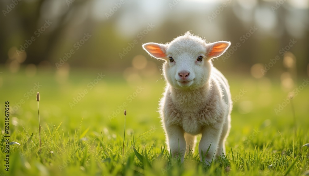 Obraz premium Lamb standing in a sunny green meadow.