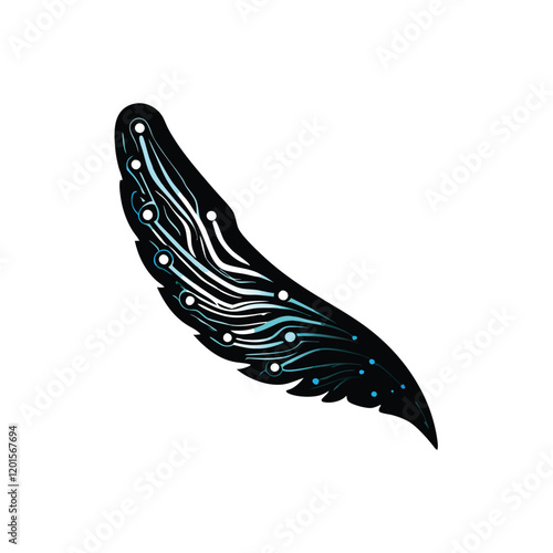 A stark black silhouette of a bird wing, intricately interwoven with delicate, glowing blue circuitry, creating a sense of both natural grace and technological advancement.