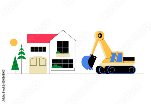 Excavator With House In Flat Vector Illustration Symbolizing Construction, Demolition, And Urban Development, Isolated On White Background