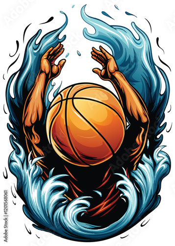 A powerful basketball player executes a gravity-defying dunk, his silhouette engulfed in a fiery aura and surrounded by a swirling vortex of water.