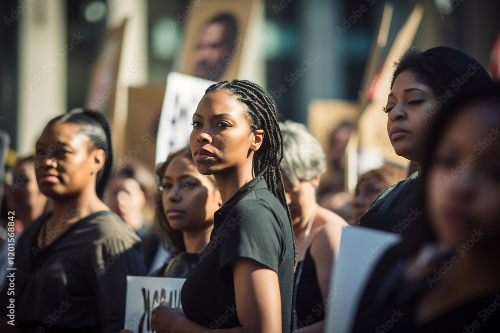 AI generated photo of young woman leading a social protest with diverse crowd AI generated photo of young woman leading a social protest with diverse crowd