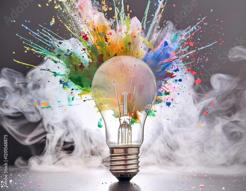 A light bulb is lit up in a colorful explosion of paint photo