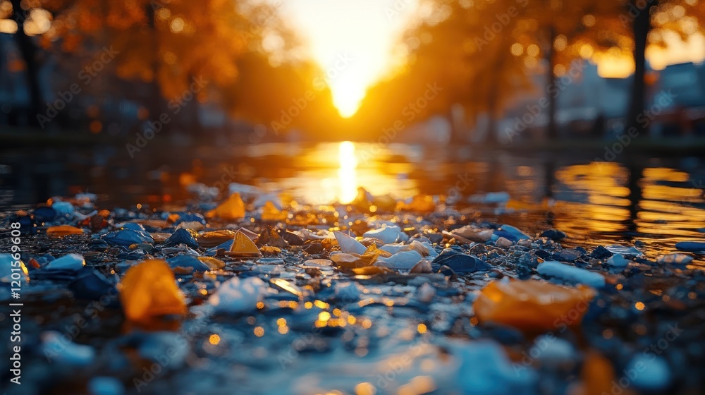 Fototapeta premium Autumn sunset reflecting on water with colorful pebbles.