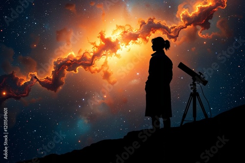 Der Schatten einer Person im Laborkittel steht am Rand einer leuchtenden kosmischen Nebelwolke, neben einem Teleskop. Das Universum erstreckt sich weitläufig, symbolisiert Neugier und Wissensdrang. photo