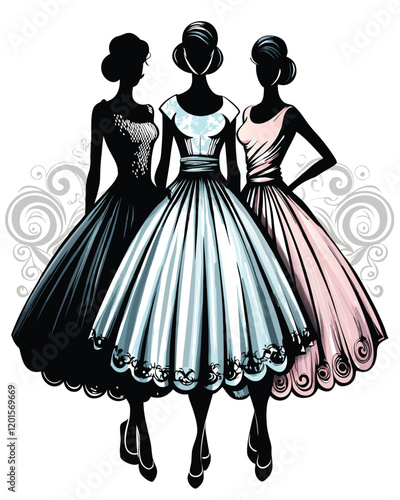 Create a vintage-inspired fashion show poster featuring sleek silhouettes of models wearing elegant clothing. The background should be a simple, minimalist design.