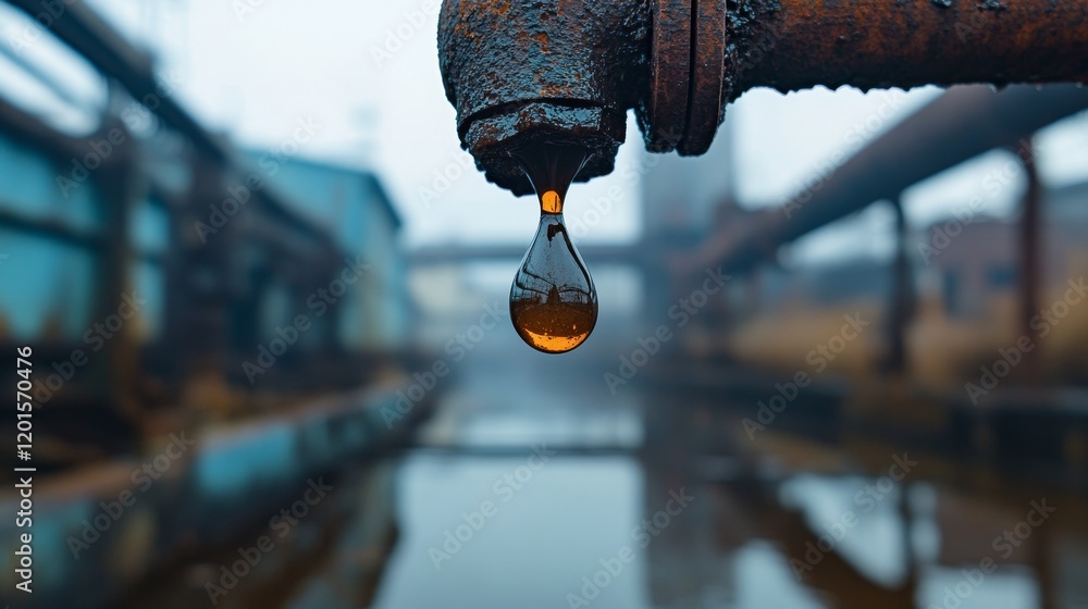 Pollution from industrial pipes leads to dirty water dripping into the environment in a city landscape. Pollution from industrial pipes leads to dirty water dripping into the environment in a city landscape.