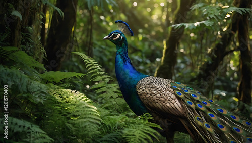 Wallpaper Mural A detailed and realistic image of a peacock in a green forest on the outskirts of town created by Ai Generated, 2 Torontodigital.ca