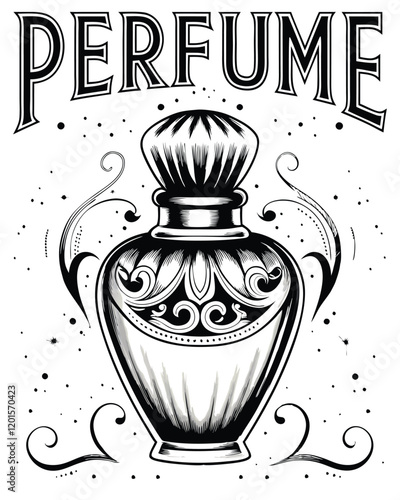 Design a vintage perfume ad poster featuring a luxurious, ornate perfume bottle. The ad should exude elegance and sophistication.