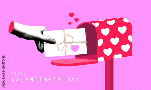 Halftone hand puts valentine in mailbox. Valentines day greeting card. Modern collage. Hand holding envelope with heart. Love letter to soulmate