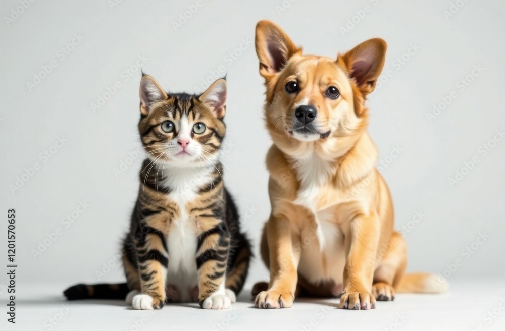 a cat and a dog are sitting next to each other and looking into the frame on a light beige background with a place for text a cat and a dog are sitting next to each other and looking into the frame on a light beige background with a place for text