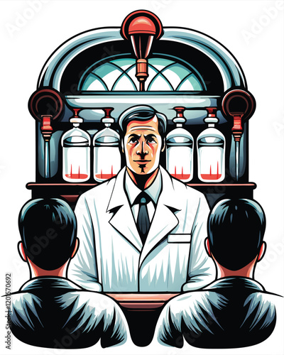 A retro-style poster featuring a soda jerk serving a customer at a classic soda fountain. The poster should be bright and colorful, with a vintage aesthetic.