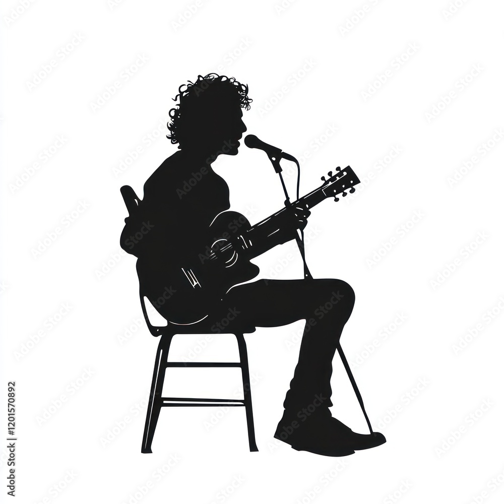 Naklejka premium Silhouette Musician Singing Guitar Stage Performance.