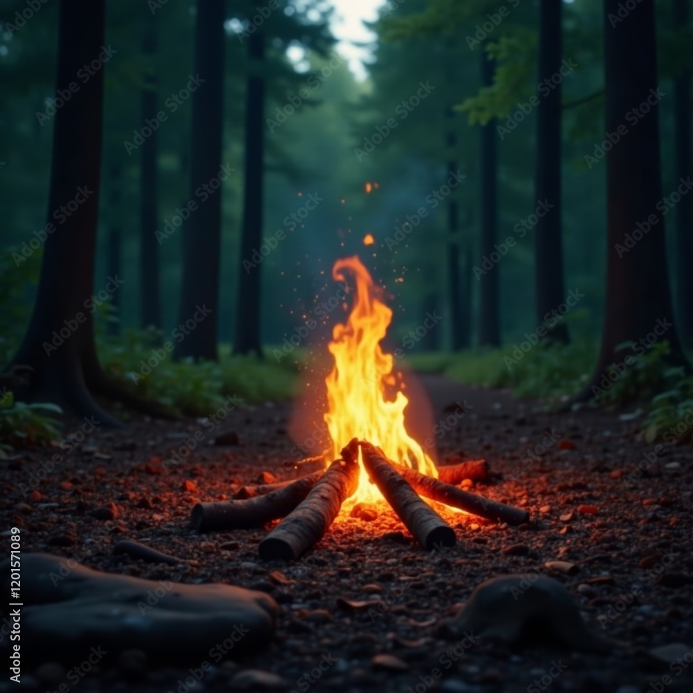 Naklejka premium A warm campfire crackles amidst a serene forest, beckoning for stories under the stars.