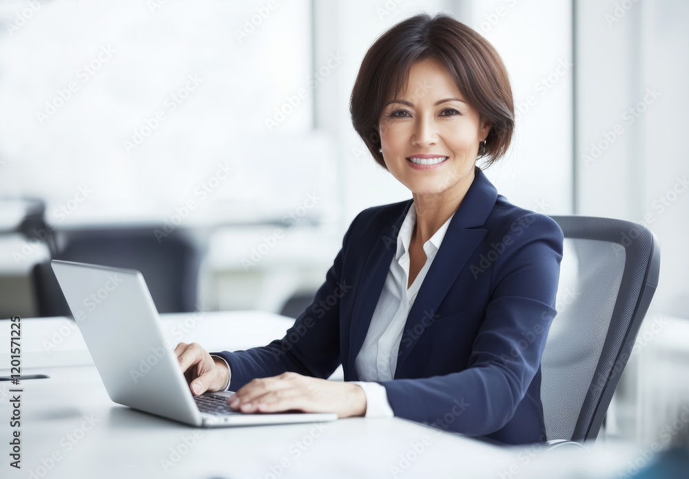 Professional woman sitting at desk smiling while using laptop in modern office setting Professional woman sitting at desk smiling while using laptop in modern office setting