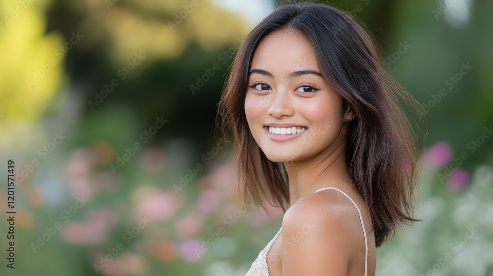 Malay woman smiling in romantic moment at beautiful colorful flower field Malay woman smiling in romantic moment at beautiful colorful flower field