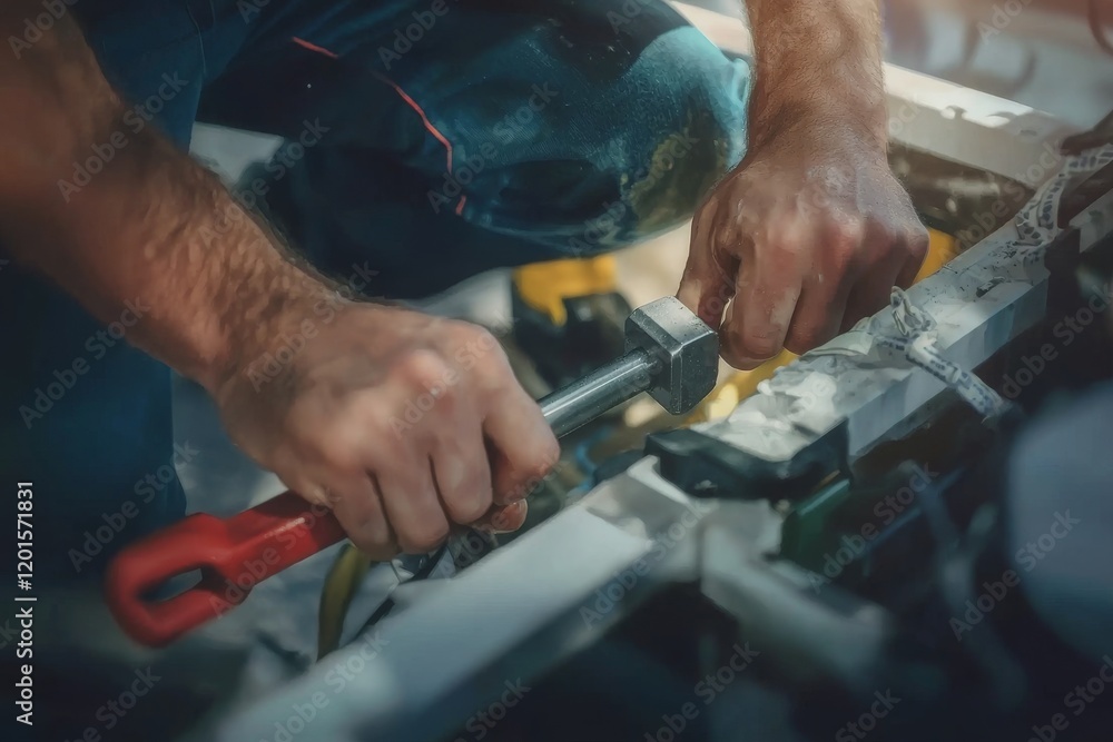 Close-Up of Hands Using Wrench to Repair Machinery in Workshop Setting with Tools and Equipment Around Close-Up of Hands Using Wrench to Repair Machinery in Workshop Setting with Tools and Equipment Around