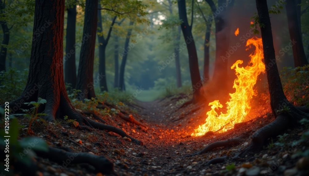 A forest scene showing a fire burning along a peaceful nature trail. A forest scene showing a fire burning along a peaceful nature trail.