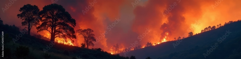 Fototapeta premium A dramatic wildfire engulfing a forested landscape under a fiery sky.