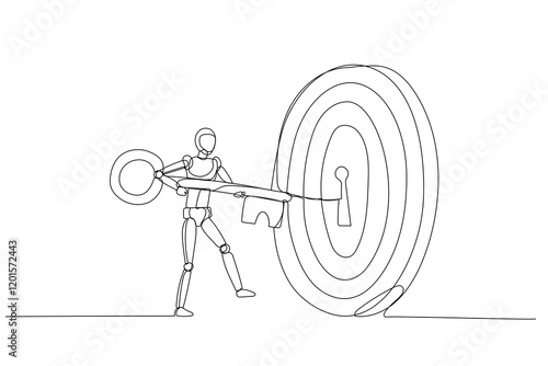 Oneline drawing of a robot figure inserting key into a large target lock minimalist vector illustration. ideal for business strategy, security, and success concepts, brochure, website, business card