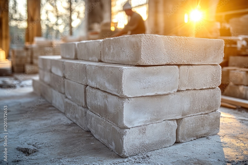 A master mason works hard to assemble large concrete blocks at a construction site at sunset, creating a warm atmosphere. A master mason works hard to assemble large concrete blocks at a construction site at sunset, creating a warm atmosphere.