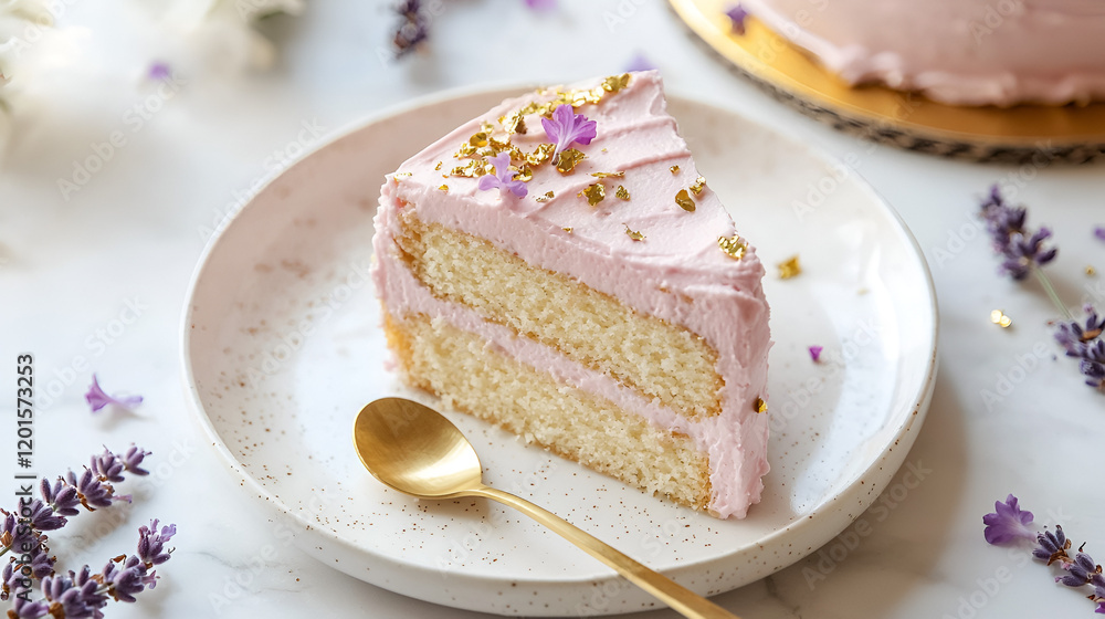 A slice of delicate pink cake adorned with edible gold flakes and lavender, served on a speckled plate. A slice of delicate pink cake adorned with edible gold flakes and lavender, served on a speckled plate.