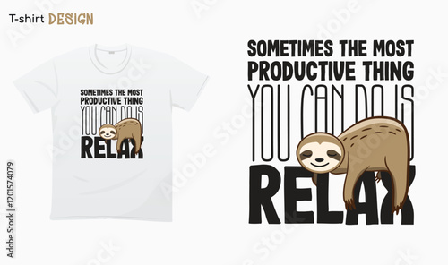 ''Sometimes the most productive thing you can do is relax". funny lazy sloth illustration.Sloth lover. Funny relaxing sloth. T-shirt mock up vector. Eps 10 vector