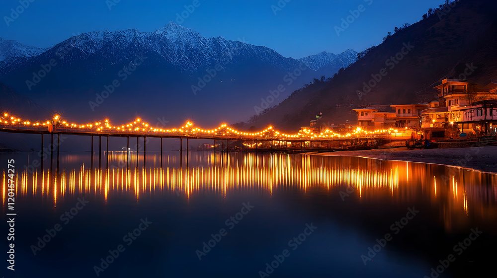 Fototapeta premium Illuminated bridge at twilight over calm lake reflecting lights, mountain village backdrop; travel postcard