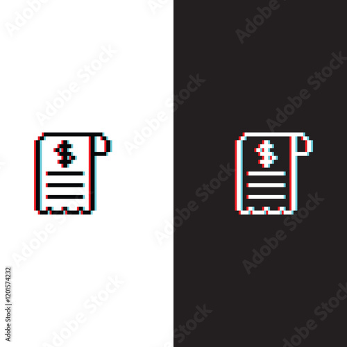 glitch effect pixel receipt icon. Vector pixel art check cheque 8 bit for game company logo template