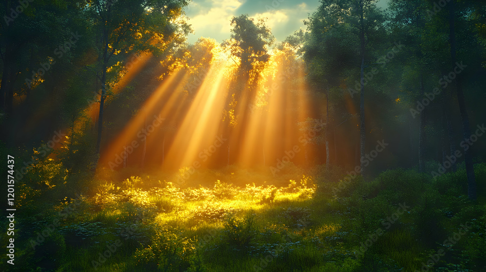 Fototapeta premium Magical Forest Sunlight Rays at Golden Hour