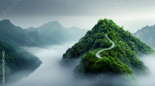 Explorer breaking through an impassable mountain, carving a route through dense greenery and rocky cliffs, rolling mist creating depth, cinematic composition, ultra-detailed, photorealistic, 