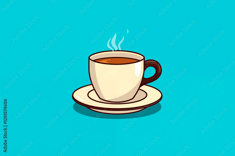 Obraz premium Illustration of a cup of coffee on blue background, concept of hot drink, café, breakfast, aroma, relaxation and lifestyle
