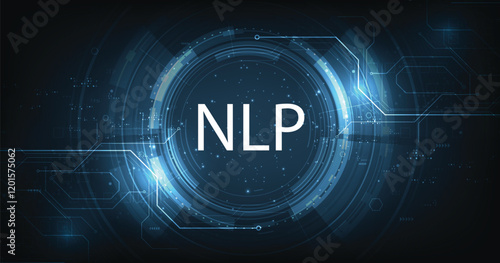 NLP background concept. Natural language processing cognitive computing technology on a dark blue background. Vector illustration.