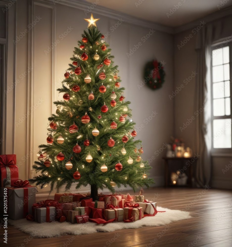 Christmas tree decorated with ornaments and lights, holiday season, festive lights Christmas tree decorated with ornaments and lights, holiday season, festive lights
