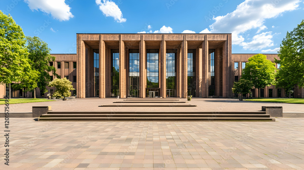 Fototapeta premium Modern building facade, sunny day, green trees, plaza. Architectural photography for real estate, brochures