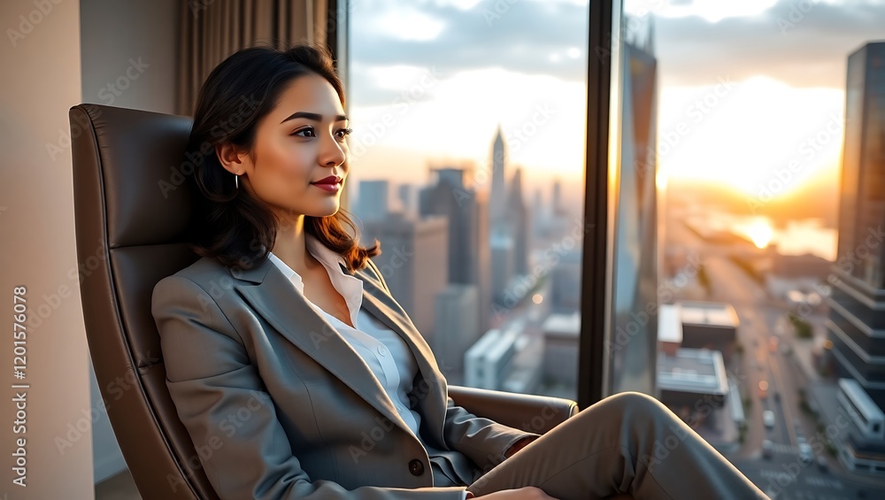 Fototapeta premium Serene Sunrise: Young Woman in Formal Attire Relaxing by a High-Rise Office Window