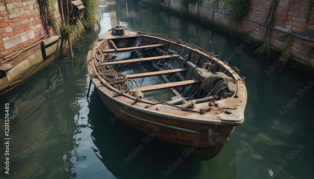 Boat hull partially submerged in canal water with sunken pipes and old fishing gear, tangled fishing nets, submerged boat Boat hull partially submerged in canal water with sunken pipes and old fishing gear, tangled fishing nets, submerged boat
