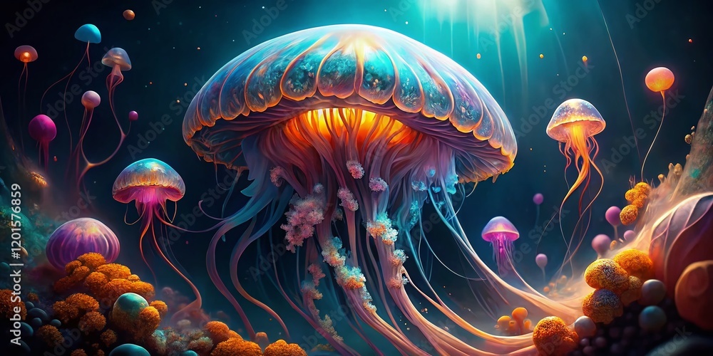 Naklejka premium Surreal Underwater Jellyfish Ballet: Mesmerizing Bio-luminescent Creatures
