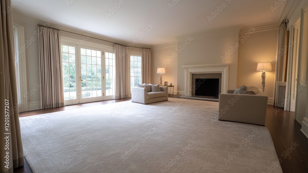 Elegant Living Room with Fireplace and French Doors Elegant Living Room with Fireplace and French Doors