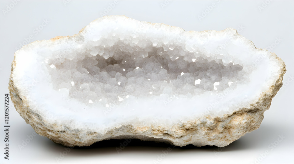 Polished geode interior, quartz crystals, white background, science geology sample Polished geode interior, quartz crystals, white background, science geology sample