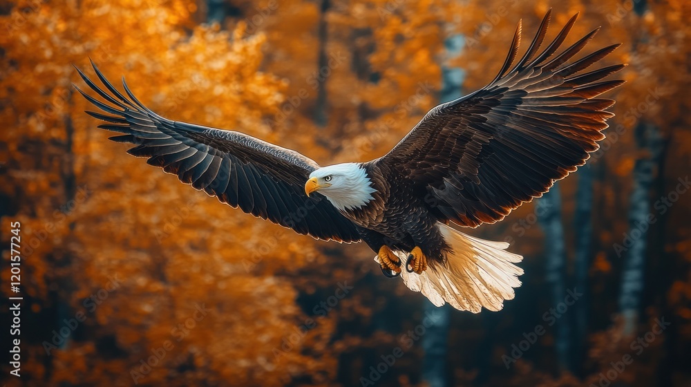 Obraz premium Bald eagle in flight, autumn forest background.