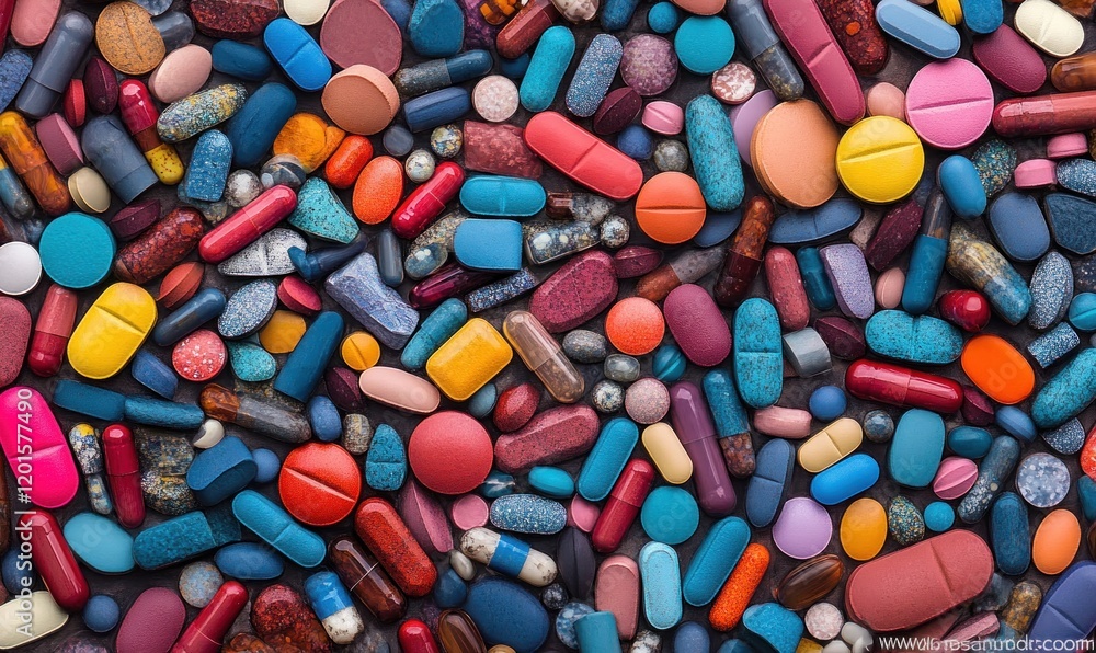 A bright collection of diverse pills and capsules showcases a mix of shapes, sizes, and colors, arranged closely together A bright collection of diverse pills and capsules showcases a mix of shapes, sizes, and colors, arranged closely together