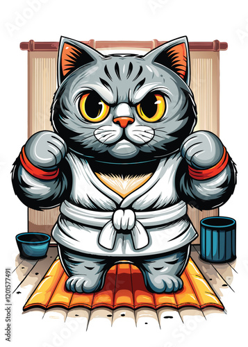 A cartoon cat wearing a traditional sumo wrestler outfit, complete with a mawashi and a topknot, is practicing his wrestling moves. He is in a sumo ring, with straw bales around the edges.