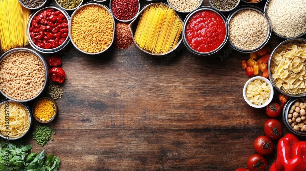 Pasta, grains, and vegetables on wood. Recipe background Pasta, grains, and vegetables on wood. Recipe background