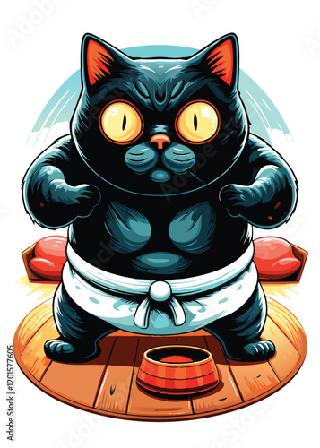 A cartoon sumo cat in traditional wrestling garb, with a determined expression, practicing wrestling moves. He might be holding a mock opponent or striking a powerful pose.