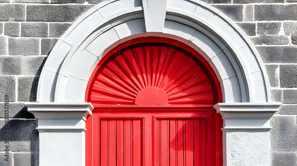 Fototapeta premium Red arched door, stone building facade, sunlight, architectural detail, design element