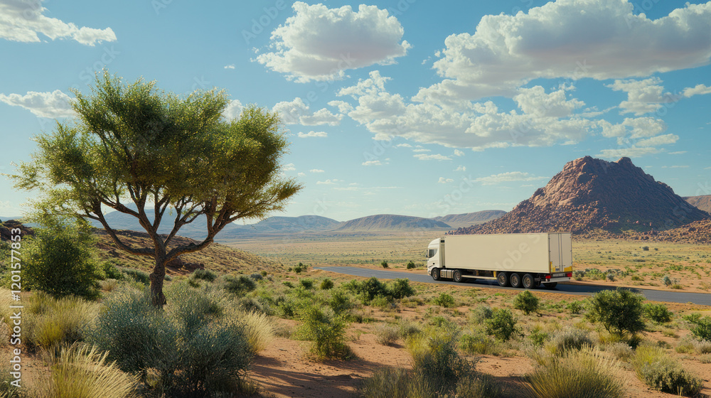 Naklejka premium Truck traveling across open desert with mountain views.