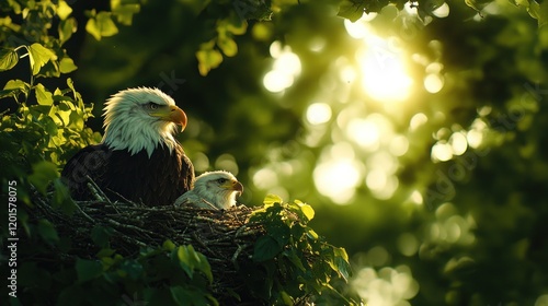 Bald eagle parents and chick in nest, sunlight. photo