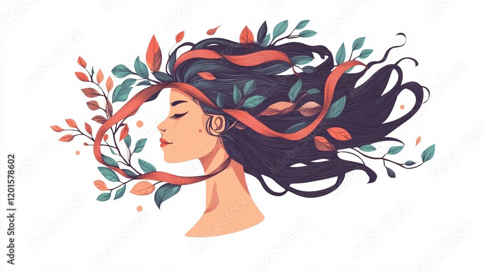 Creative Woman Hairstyle Doodle with Branches, Leaves and Ribbon for Design Projects Creative Woman Hairstyle Doodle with Branches, Leaves and Ribbon for Design Projects
